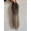 Balayage ashy blonde 14-inch hair topper with smoky ash-brown root and champagne beige ends on 3×5 Swiss lace base