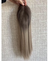 14" Balayage Ashy Blonde Swiss Lace Topper with Skin PU Balayage ashy blonde 14-inch hair topper with smoky ash-brown root and champagne beige ends on 3×5 Swiss lace base