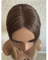 14" Balayage Ashy Blonde Swiss Lace Topper with Skin PU Balayage ashy blonde 14-inch hair topper with smoky ash-brown root and champagne beige ends on 3×5 Swiss lace base