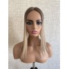 Balayage ashy blonde 14-inch hair topper with smoky ash-brown root and champagne beige ends on 3×5 Swiss lace base