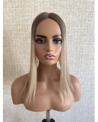 14" Balayage Ashy Blonde Swiss Lace Topper with Skin PU Balayage ashy blonde 14-inch hair topper with smoky ash-brown root and champagne beige ends on 3×5 Swiss lace base