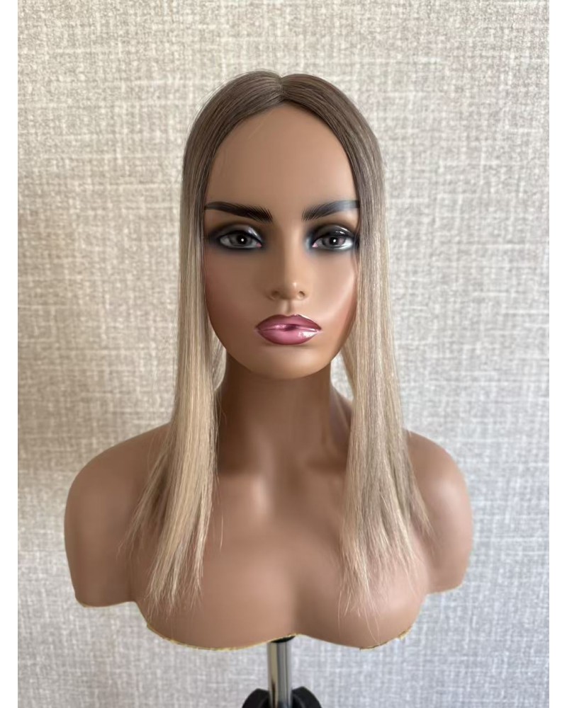 14" Balayage Ashy Blonde Swiss Lace Topper with Skin PU Balayage ashy blonde 14-inch hair topper with smoky ash-brown root and champagne beige ends on 3×5 Swiss lace base