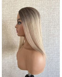 14" Balayage Ashy Blonde Swiss Lace Topper with Skin PU Balayage ashy blonde 14-inch hair topper with smoky ash-brown root and champagne beige ends on 3×5 Swiss lace base
