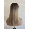 Balayage ashy blonde 14-inch hair topper with smoky ash-brown root and champagne beige ends on 3×5 Swiss lace base