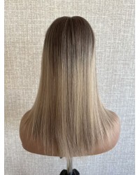 14" Balayage Ashy Blonde Swiss Lace Topper with Skin PU Balayage ashy blonde 14-inch hair topper with smoky ash-brown root and champagne beige ends on 3×5 Swiss lace base