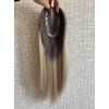 Balayage ashy blonde 14-inch hair topper with smoky ash-brown root and champagne beige ends on 3×5 Swiss lace base
