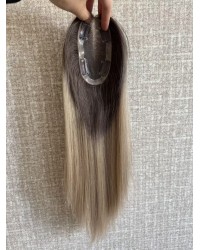 14" Balayage Ashy Blonde Swiss Lace Topper with Skin PU Balayage ashy blonde 14-inch hair topper with smoky ash-brown root and champagne beige ends on 3×5 Swiss lace base
