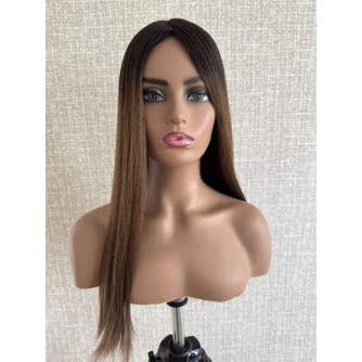 24" Balayage Caramel Brown with Dark Brown Roots – Custom All Hand-Made Hairpiece | 9.6×9.6" Mono 3# Base | PU Silicone Perimeter