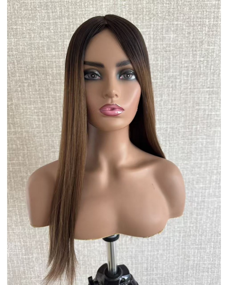 Balayage Caramel on Mono 3# Base – 24" Hand-Tied 24" balayage caramel brown hairpiece on 9.6×9.6 Mono 3# base with PU silicone perimeter