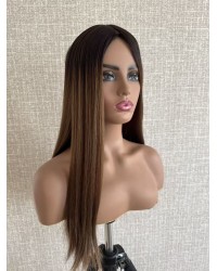 Balayage Caramel on Mono 3# Base – 24" Hand-Tied 24" balayage caramel brown hairpiece on 9.6×9.6 Mono 3# base with PU silicone perimeter