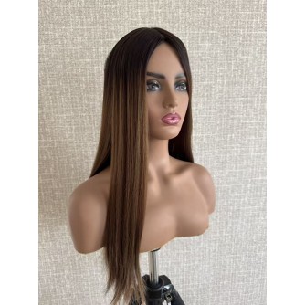24" Balayage Caramel Brown with Dark Brown Roots – Custom All Hand-Made Hairpiece | 9.6×9.6" Mono 3# Base | PU Silicone Perimeter
