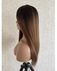 Balayage Caramel on Mono 3# Base – 24" Hand-Tied 24" balayage caramel brown hairpiece on 9.6×9.6 Mono 3# base with PU silicone perimeter