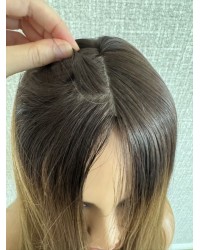 Balayage Caramel on Mono 3# Base – 24" Hand-Tied 24" balayage caramel brown hairpiece on 9.6×9.6 Mono 3# base with PU silicone perimeter
