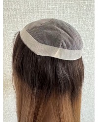 Balayage Caramel on Mono 3# Base – 24" Hand-Tied 24" balayage caramel brown hairpiece on 9.6×9.6 Mono 3# base with PU silicone perimeter