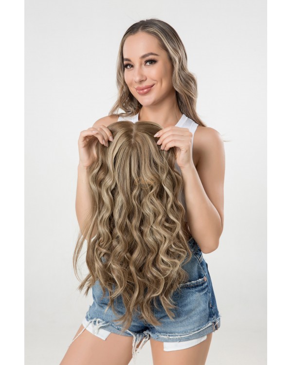 22" Sandy Champagne Silk Top Hair Topper – 4×4 Silk Top, 8×8 Cap | Virgin European Hair