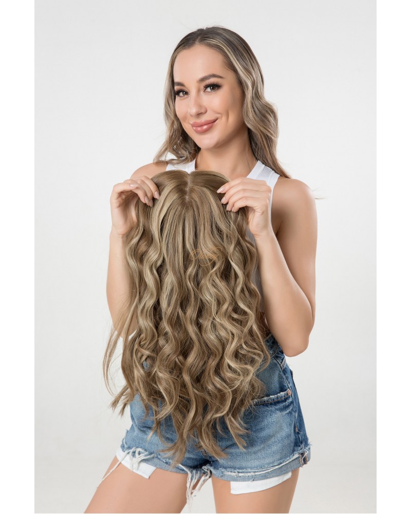 22" Sandy Champagne Silk Top 8×8 Hair Topper – OLOKEYWIGS 22 inch Sandy Champagne silk top hair topper 8x8 cap by OLOKEYWIGS