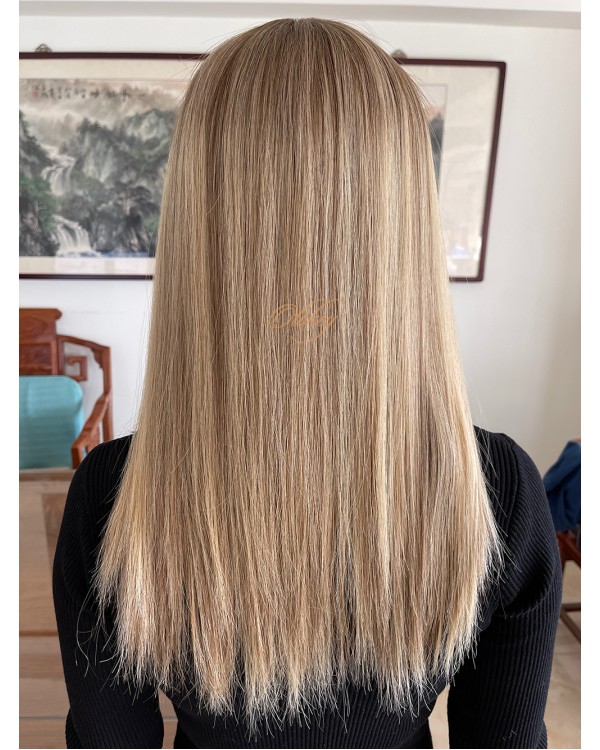 Virgin European Hair Balayage Blonde Highlights Color Lace Topper , Lace Kippah Fall Toppers