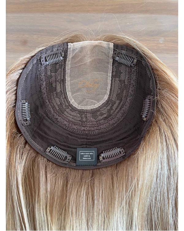 Virgin European Hair Balayage Blonde Highlights Color Lace Topper , Lace Kippah Fall Toppers