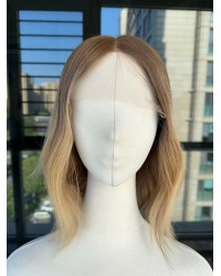 14 inch lace top Virgin Slavic hair balayage ombre luxury wig with soft ashy brunette color