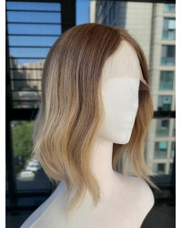 14 inch lace top Virgin Slavic hair balayage ombre luxury wig with soft ashy brunette color