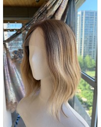 14 inch lace top Virgin Slavic hair balayage ombre luxury wig with soft ashy brunette color