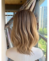 14 inch lace top Virgin Slavic hair balayage ombre luxury wig with soft ashy brunette color