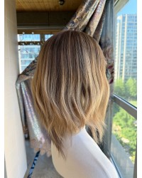 14 inch lace top Virgin Slavic hair balayage ombre luxury wig with soft ashy brunette color