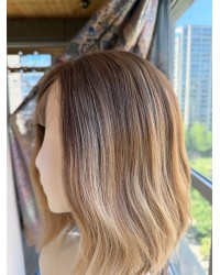14 inch lace top Virgin Slavic hair balayage ombre luxury wig with soft ashy brunette color