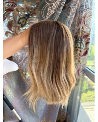 14 inch lace top Virgin Slavic hair balayage ombre luxury wig with soft ashy brunette color