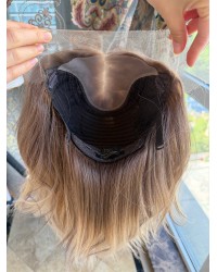 14 inch lace top Virgin Slavic hair balayage ombre luxury wig with soft ashy brunette color