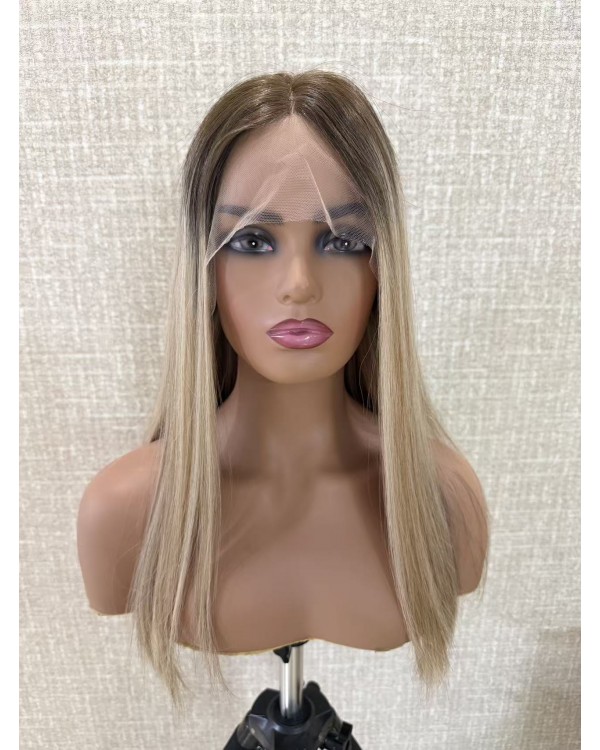 18" Balayage Ash-Rooted Champagne Blonde Lace Top Wig
