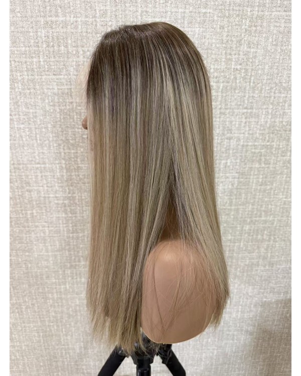 18" Balayage Ash-Rooted Champagne Blonde Lace Top Wig