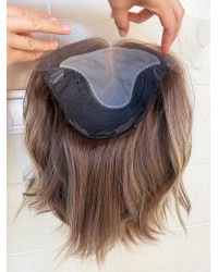 Stock-14” Lace Top Virgin Slavic Hair Brunette Balayage  blend Color Luxury Wig