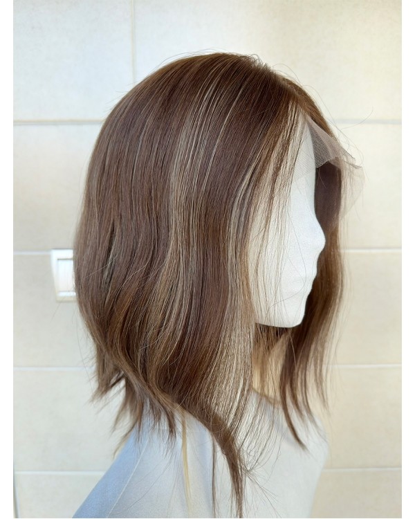 Stock-14” Lace Top Virgin Slavic Hair Brunette Balayage  blend Color Luxury Wig 