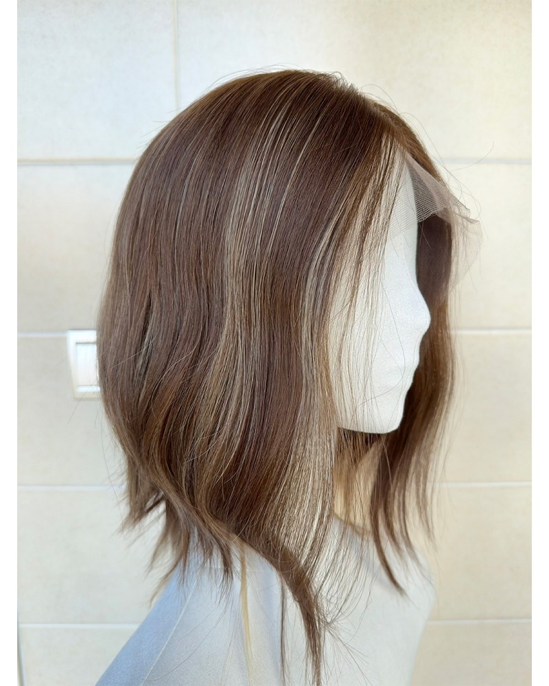 Stock-14” Lace Top Virgin Slavic Hair Brunette Balayage  blend Color Luxury Wig