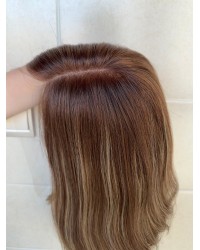 Stock-14” Lace Top Virgin Slavic Hair Brunette Balayage  blend Color Luxury Wig