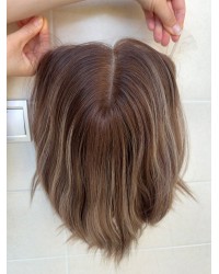 Stock-14” Lace Top Virgin Slavic Hair Brunette Balayage  blend Color Luxury Wig