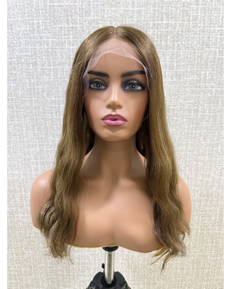 20" Warm Honey Mocha Brown Virgin Slavic Lace Top Wig on Mannequin