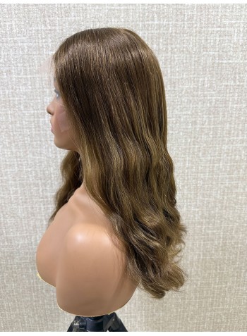 20" Luxury Lace Top Warm Honey Mocha Brown Virgin Slavic Wave Hair Wig, Kosher wigs 