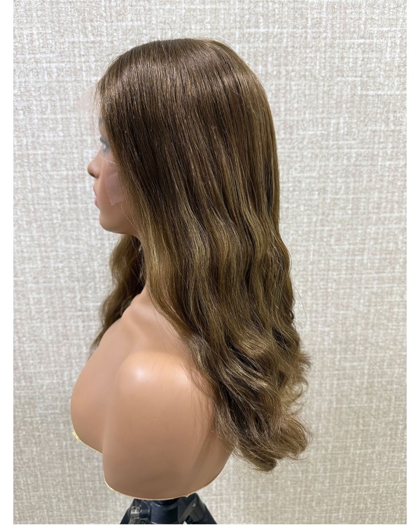20" Luxury Lace Top Warm Honey Mocha Brown Virgin Slavic Wave Hair Wig, Kosher wigs 