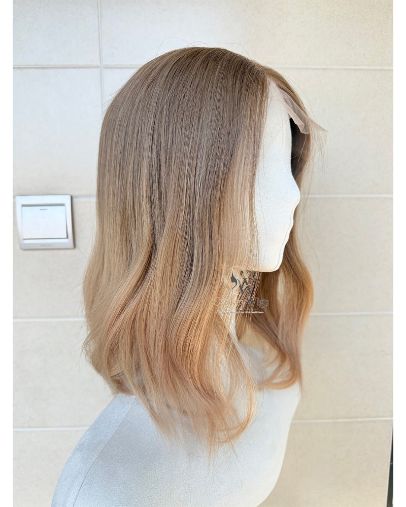 16 inch lace top Virgin Slavic hair light ash brown to creamy beige ombre luxury wig