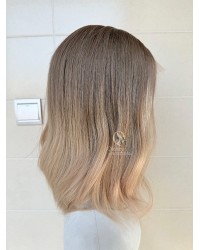 16 inch lace top Virgin Slavic hair light ash brown to creamy beige ombre luxury wig