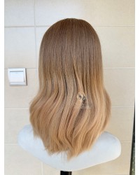 16 inch lace top Virgin Slavic hair light ash brown to creamy beige ombre luxury wig