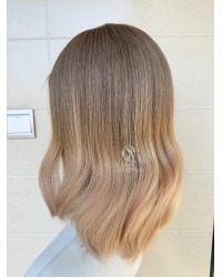 16 inch lace top Virgin Slavic hair light ash brown to creamy beige ombre luxury wig