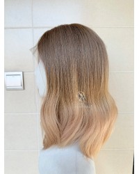 16 inch lace top Virgin Slavic hair light ash brown to creamy beige ombre luxury wig