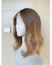 16 inch lace top Virgin Slavic hair light ash brown to creamy beige ombre luxury wig