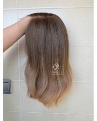 16 inch lace top Virgin Slavic hair light ash brown to creamy beige ombre luxury wig