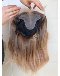 16 inch lace top Virgin Slavic hair light ash brown to creamy beige ombre luxury wig