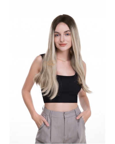 22" Ready-to-Ship Lace Top Balayage Ash Rooted Champagne Blonde Brazilian Hair Wig 