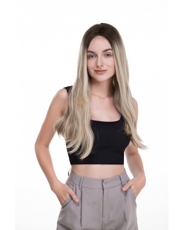 22" Ready-to-Ship Lace Top Balayage Ash Rooted Champagne Blonde Brazilian Hair Wig 